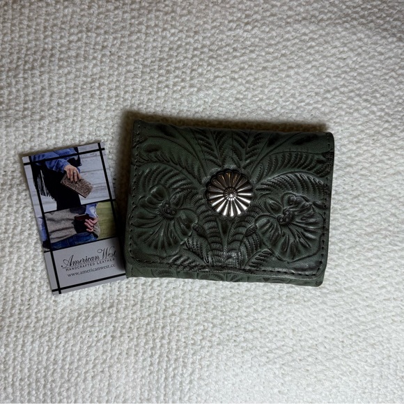 American West Accessories - American West, Hand-Tooled Leather Wallet in Dark Green with Silver Concho